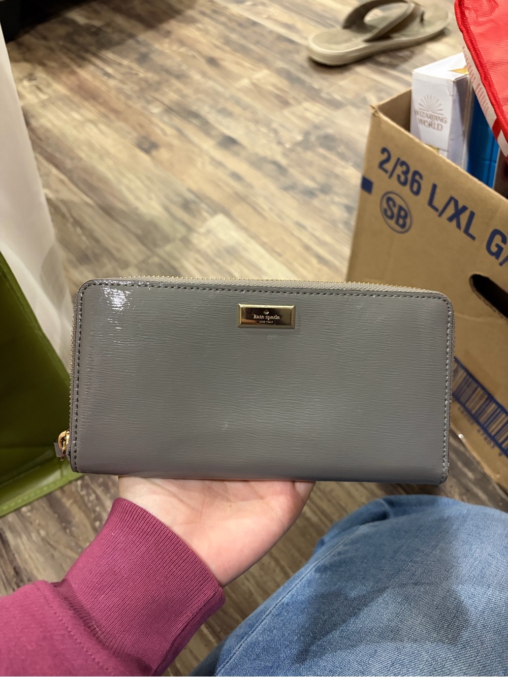 kate spade Gray Patent Zip Around Wallet with Gold Plaque